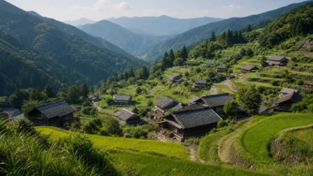 山あいの小さな集落を見下ろす棚田状の田園風景、柔らかい午後の光の写実的情景