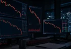 夜間のトレーディングルームで複数のモニターに為替の急落を示すローソク足チャートが表示されているイメージ