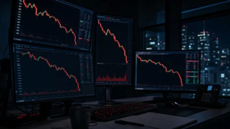 夜間のトレーディングルームで複数のモニターに為替の急落を示すローソク足チャートが表示されているイメージ