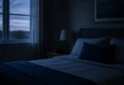 夜明け前の薄暗い寝室に置かれた目覚まし時計、誰もいない静かな空間
