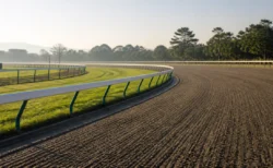 朝の光に照らされた無人のダート競馬コースのイメージ