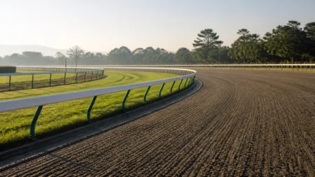 朝の光に照らされた無人のダート競馬コースのイメージ