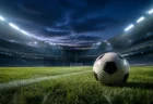 ナイター照明に照らされたサッカースタジアムのピッチにサッカーボールが1つ置かれ、スタンドの照明が幻想的に光る情景