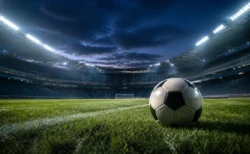 ナイター照明に照らされたサッカースタジアムのピッチにサッカーボールが1つ置かれ、スタンドの照明が幻想的に光る情景