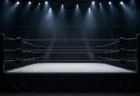 照明に照らされたプロレスの試合会場のリング、観客席は無人