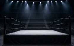 照明に照らされたプロレスの試合会場のリング、観客席は無人