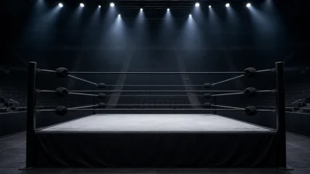 照明に照らされたプロレスの試合会場のリング、観客席は無人