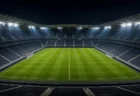 ナイター照明に照らされたサッカースタジアムのピッチ全景