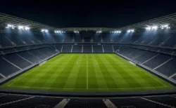 ナイター照明に照らされたサッカースタジアムのピッチ全景