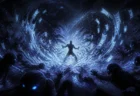 暗闇の中で青白く発光する呪符と霊的なエネルギーが渦巻く、幻想的で緊張感のあるサバイバルアクション風ビジュアル