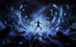 暗闇の中で青白く発光する呪符と霊的なエネルギーが渦巻く、幻想的で緊張感のあるサバイバルアクション風ビジュアル