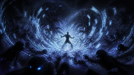 暗闇の中で青白く発光する呪符と霊的なエネルギーが渦巻く、幻想的で緊張感のあるサバイバルアクション風ビジュアル
