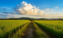 夏の夕暮れ、田園と入道雲、無人のあぜ道の情景