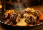 断面からチーズがとろけ出るハンバーグステーキに秋色の野菜が添えられた、温かみのある一皿