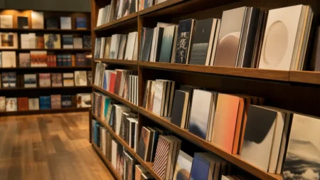温かい照明の書店で本が斜めに並ぶ棚の情景