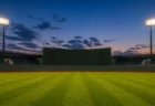 夕方の球場、外野の芝生とナイター照明が灯り始める様子