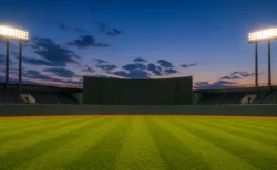 夕方の球場、外野の芝生とナイター照明が灯り始める様子