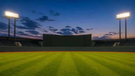 夕方の球場、外野の芝生とナイター照明が灯り始める様子