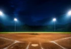 夜のナイター照明に照らされた高校野球のグラウンド