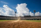 夏の強い日差しの下、入道雲が広がる青空とスタンドを背景に、土煙が舞う高校野球のピッチャーマウンドを見上げた情景