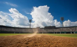 夏の強い日差しの下、入道雲が広がる青空とスタンドを背景に、土煙が舞う高校野球のピッチャーマウンドを見上げた情景