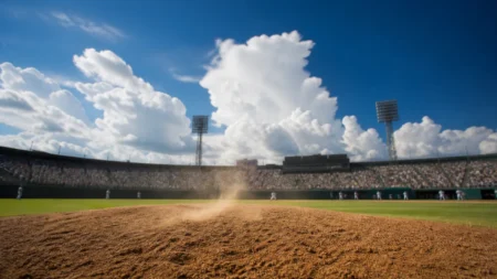 夏の強い日差しの下、入道雲が広がる青空とスタンドを背景に、土煙が舞う高校野球のピッチャーマウンドを見上げた情景