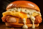 フライドチキンバーガーから目玉焼き風オムレツとタルタルソースがとろっとこぼれ落ちる写実的な情景