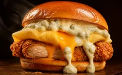 フライドチキンバーガーから目玉焼き風オムレツとタルタルソースがとろっとこぼれ落ちる写実的な情景