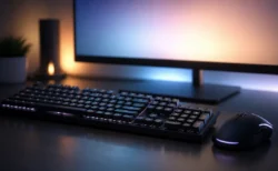 デスクに置かれたゲーミングPCのキーボードとマウス、モニターの柔らかい光