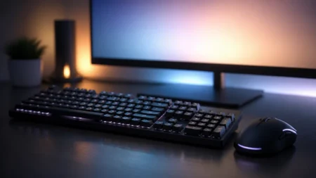 デスクに置かれたゲーミングPCのキーボードとマウス、モニターの柔らかい光