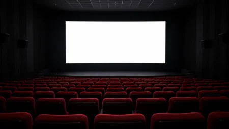 映画館の暗い客席と、前方で白く光るスクリーン