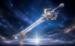 星空を背景に輝く幻想的な鍵の形をした剣