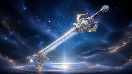 星空を背景に輝く幻想的な鍵の形をした剣