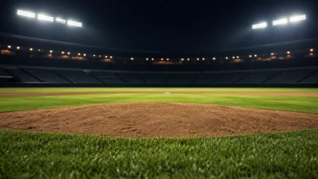 夜間照明に照らされた野球場のマウンド付近のイメージ