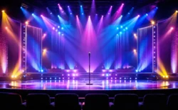 カラフルな照明に照らされた音楽番組のステージ