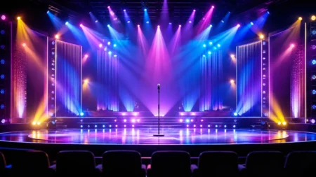 カラフルな照明に照らされた音楽番組のステージ