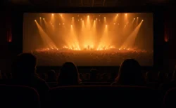 暗い映画館の客席から見た大スクリーンに、暖色のスポットライトが照らすコンサート会場の遠景が映し出されている情景、観客の後ろ姿シルエット