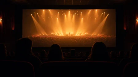 暗い映画館の客席から見た大スクリーンに、暖色のスポットライトが照らすコンサート会場の遠景が映し出されている情景、観客の後ろ姿シルエット