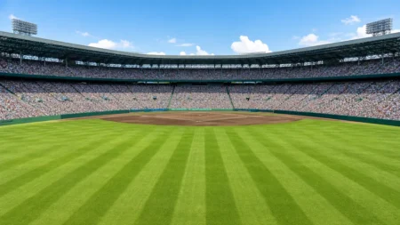 甲子園球場を思わせる満員の観客席とグラウンドの写実的情景