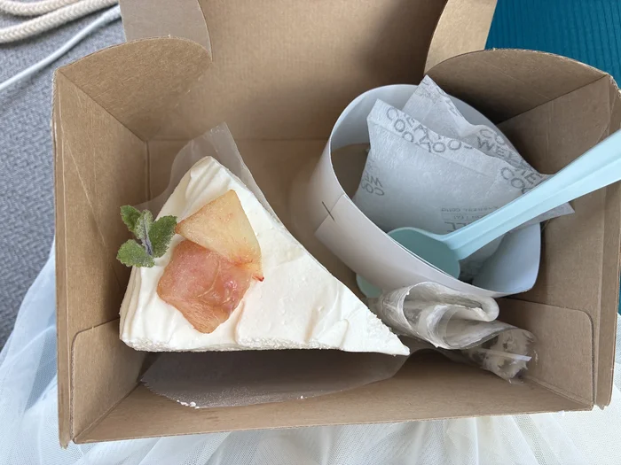 画像 持ち帰り用の箱に入った桃のショートケーキ