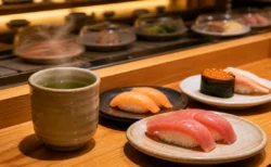 回転寿司店のカウンターに並ぶ湯呑みと数皿の寿司