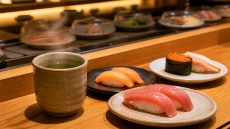 回転寿司店のカウンターに並ぶ湯呑みと数皿の寿司