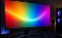 虹色のグラデーション光を表示したゲーミングモニターのイメージ