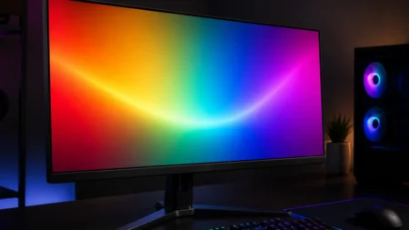 虹色のグラデーション光を表示したゲーミングモニターのイメージ
