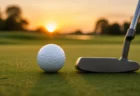 夕暮れのゴルフコースのグリーンに置かれたボールとパターのイメージ