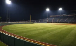 ナイター照明に照らされたプロ野球場の外野芝生とフェンス
