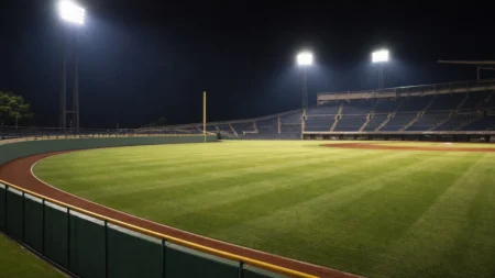 ナイター照明に照らされたプロ野球場の外野芝生とフェンス