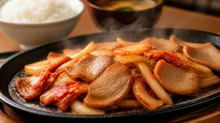 鉄板の上で湯気を立てながら豚肉とキムチを炒め焼きにしている情景、奥にご飯とみそ汁がぼんやり写る定食屋の食卓