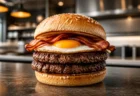 肉厚パティ2枚と目玉焼き、ベーコンを重ねたハンバーガー