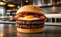 肉厚パティ2枚と目玉焼き、ベーコンを重ねたハンバーガー